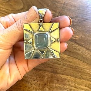 Green Chalcedony Sterling Silver Square Artisan Pendant Handmade